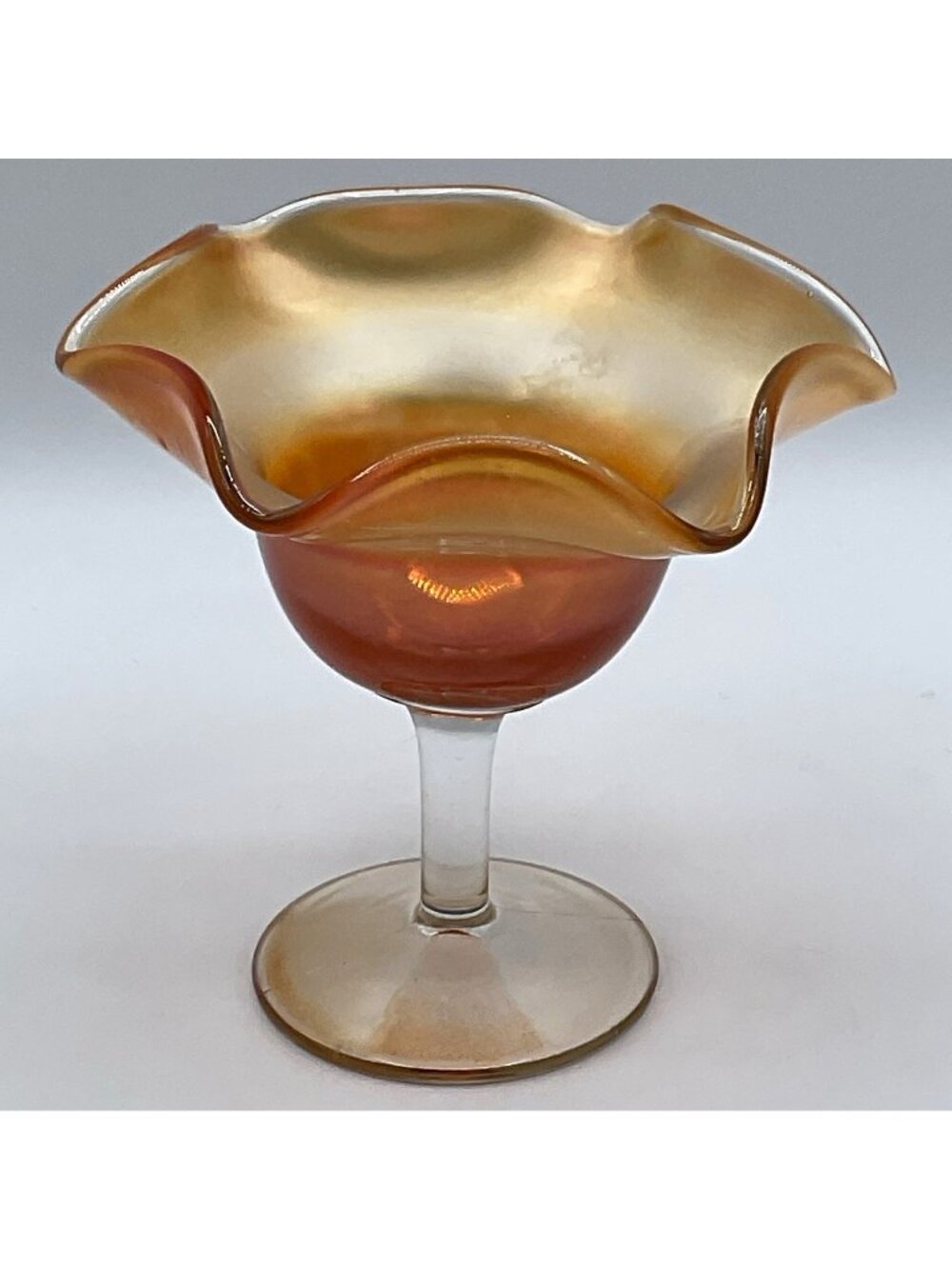Amber & Clear Glass Ruffled Rim Round Compote & Pedestal Bowl One-Piece